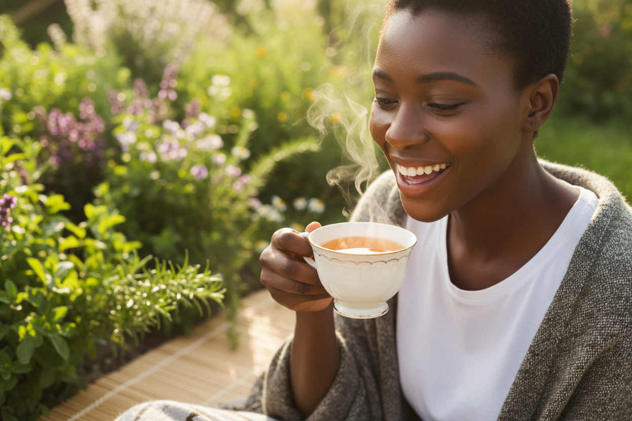 Montre une personne heureuse en train de boir notre thé un africain