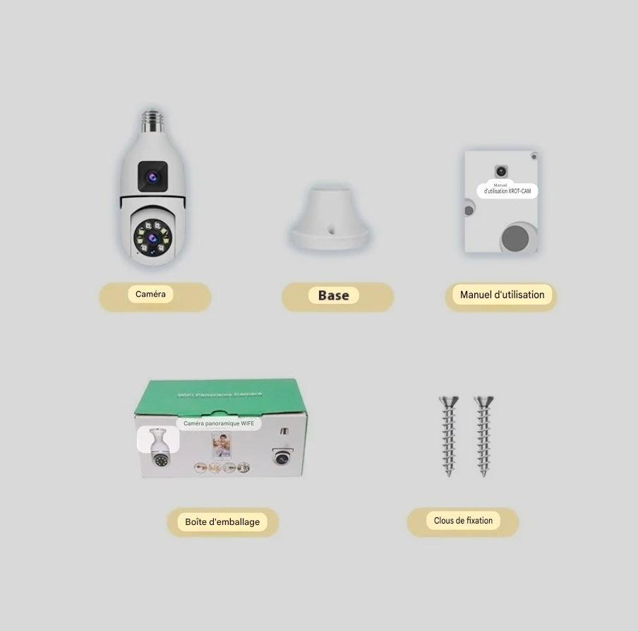 Caméra de Surveillance Ampoule 360° – Double Objectif Anti-Vol