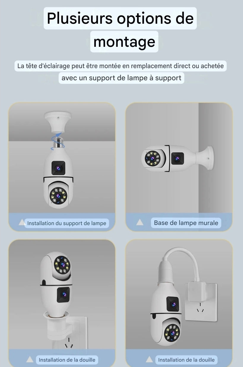 Caméra de Surveillance Ampoule 360° – Double Objectif Anti-Vol