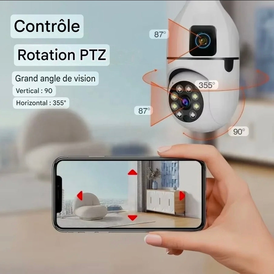 Caméra de Surveillance Ampoule 360° – Double Objectif Anti-Vol
