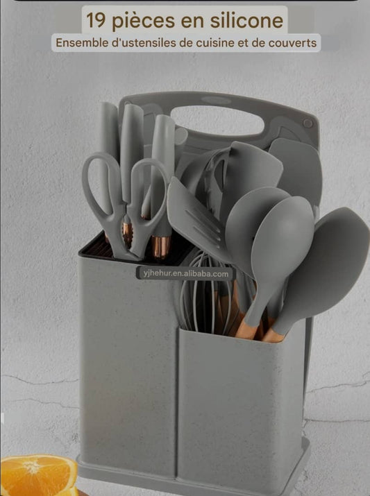 Ensemble des Ustensiles de Cuisine Premium  en Silicone de Haute Qualité Kit de  19 Pièces.