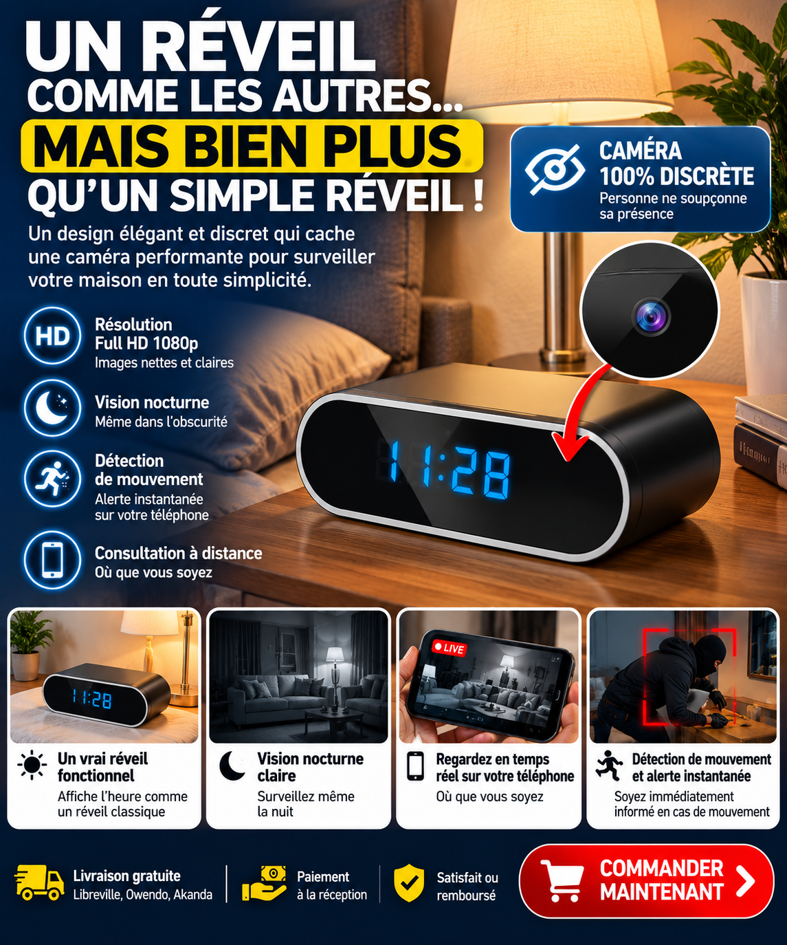 Réveil Caméra de Surveillance Wi-Fi – Full HD Discret (Batterie 1200 mAh)